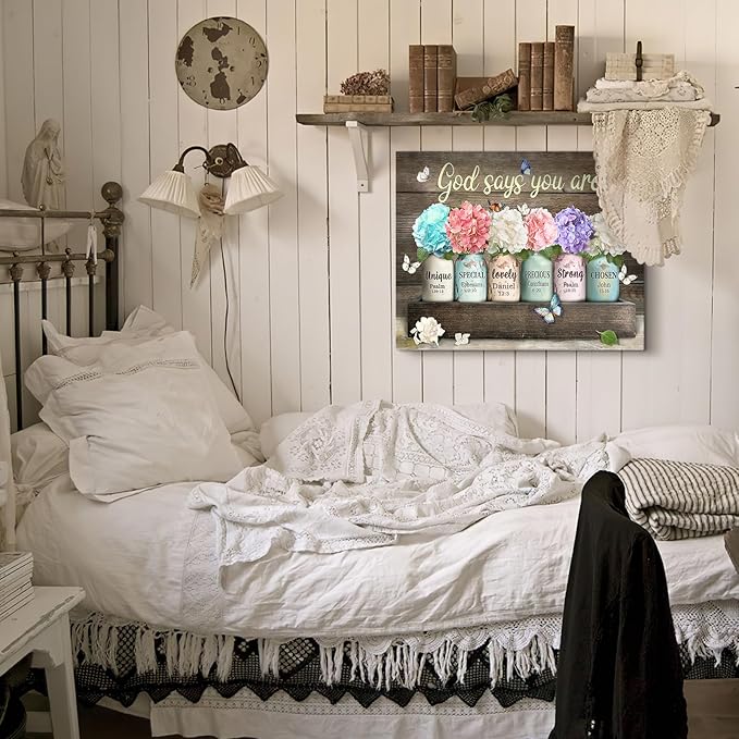 Farmhouse Inspirational Bible Verse Wall Art God Says You Are Motivational Scripture Quotes Wall Decor Rustic Flower Butterfly Canvas Print Framed Artwork for Bathroom Living Room Bedroom 12"x16"
