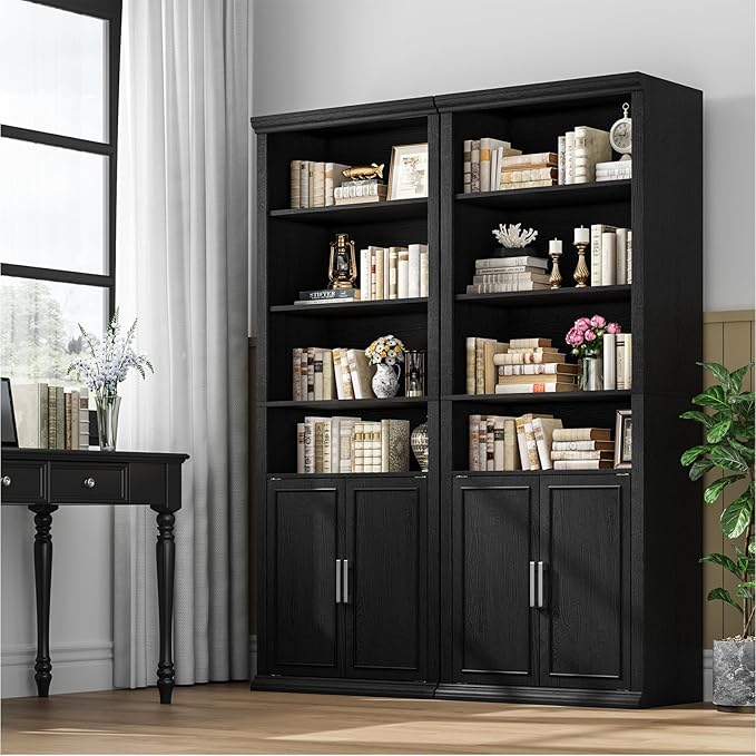 Rresyet 28" W Bookcase with Doors, Modern Tall Bookshelf 6-Tier Black Bookshelves with Storage Cabinet for Office, Living Room, Library