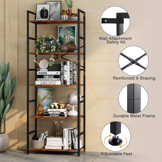 5-Tier Tall Bookcase, Rustic Wood and Metal Standing Bookshelf, Industrial Vintage Book Shelf Unit, Open Back Modern Office Bookcases