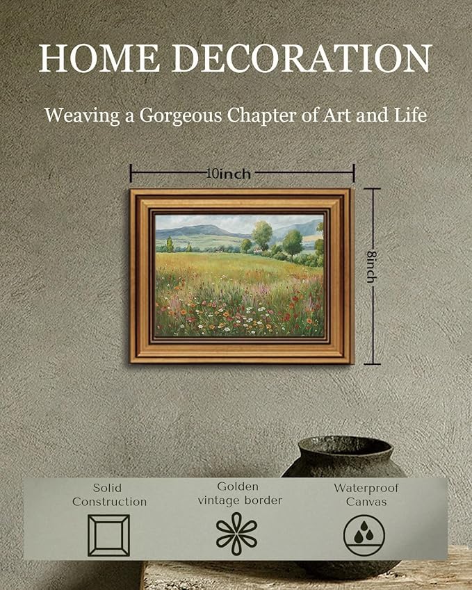 Gold Framed Wall Art Vintage Flower Canvas Wall Art Floral Countryside Landscape Wildflower Artwork Prints Picture for Living Room Bedroom Farmhouse Bathroom Office Decor, 8x10