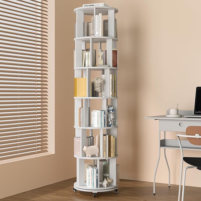 Rotating Bookshelf, 6 Tier Solid Wood Bookshelf Tower with Lockable Wheels, 360° Spinning Revolving Bookcase for Small Spaces, Corners, Bedroom, Kids Room, Home Office, White