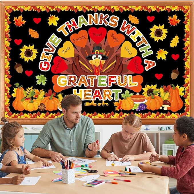 Fall Thanksgiving Turkey Bulletin Board Decorations Set Autumn Grateful Classroom Decor Thankful Maple Leaf Heart Paper Cutout for Harvest Party Back to School Classroom Chalkboard Wall Supplies Favor
