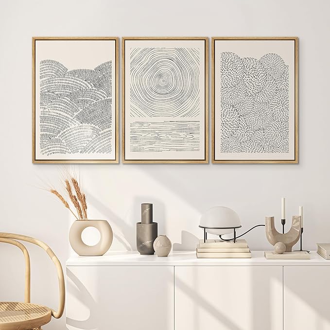 SIGNWIN Framed Canvas Print Wall Art Set Geometric Spiral Ring Wave Pattern Abstract Shapes Cozy Neutral Modern Art Decorative Contemporary Minimal for Living Room, Bedroom, Office - 24"x36"x3 Natural