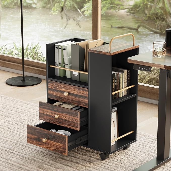 Mobile File Cabinet with 3 Drawers, 20" Wood Lateral Filing Cabinet with Lockable Wheels, Fit Letter/A4 Size or Home Office, Utility Cart with Open Storage Shelf, Black Walnut