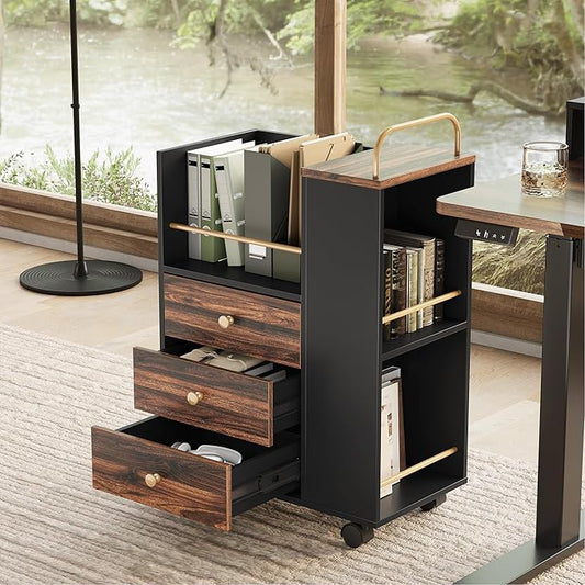 Mobile File Cabinet with 3 Drawers, 20" Wood Lateral Filing Cabinet with Lockable Wheels, Fit Letter/A4 Size or Home Office, Utility Cart with Open Storage Shelf, Black Walnut