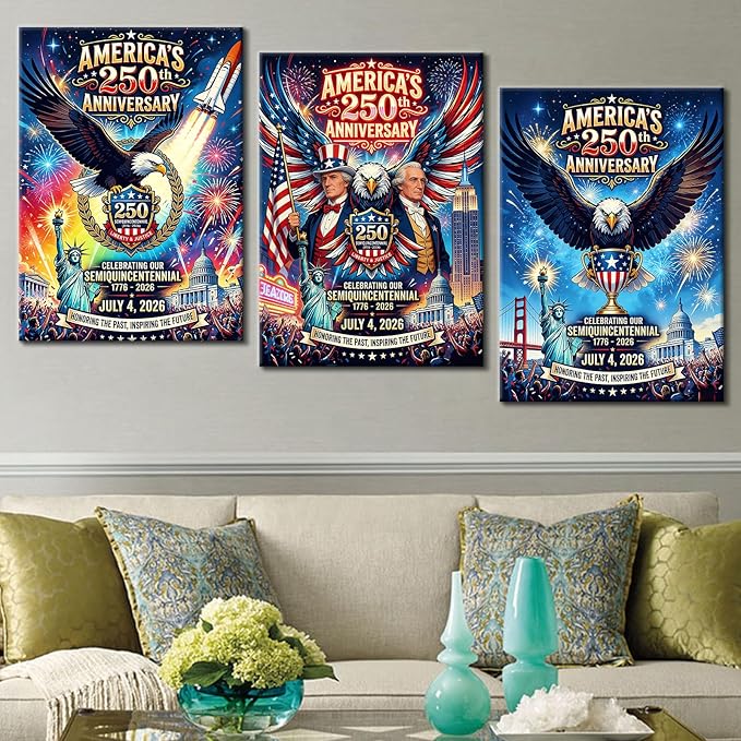 DINGFUN USA 250th Anniversary Wall Decor, America 250 Semiquincentennial 3 Panel Framed Canvas Art, 1776-2026 Patriotic Eagle and Statue of Liberty Large Artwork for Hallway, 60x28 Inch
