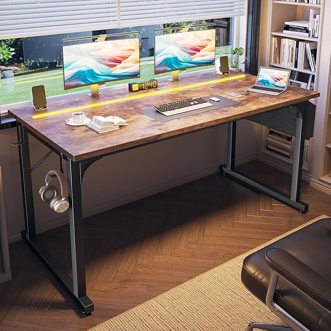 Computer Desk 55 Inch Home Office Desks with Storage Bag,Gaming Writing Work from Home Study Desk with Adjustable LED Lights,Office Desk with Headphone Hook Sturdy Metal Frame, Rustic Brown