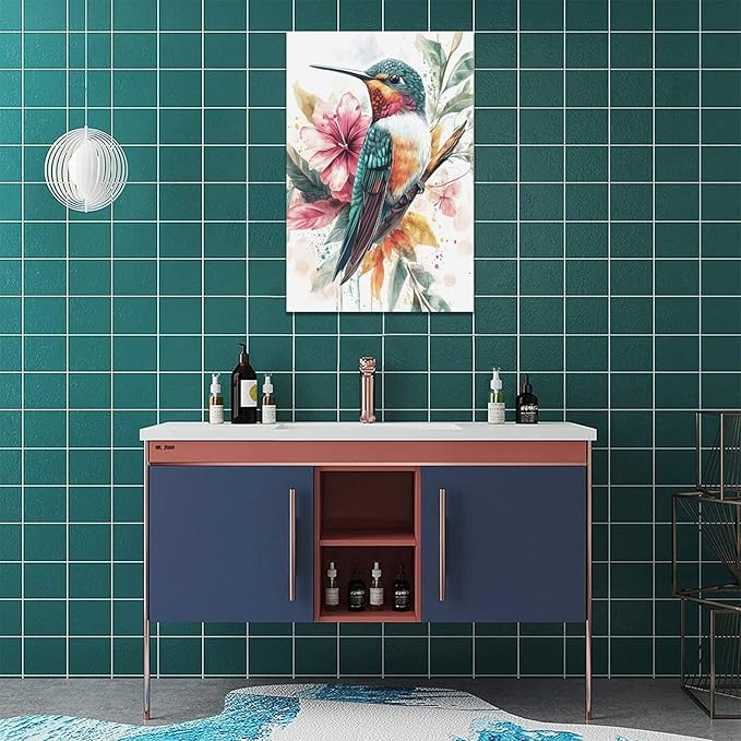 Watercolor Hummingbird Wall Art Country Flower Bird Pictures Wall Decor Colorful Canvas Painting Modern Home Artwork Decorations for Bathroom Bedroom Living Room Office Framed 16"x24"