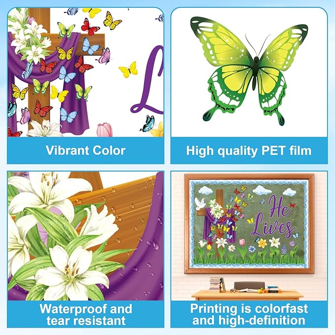 Easter Bulletin Board Decorations Christian Religious Bulletin Board Set He Lives Cross Cutouts for Spring School Sunday Home Church Wall Door(Christian)