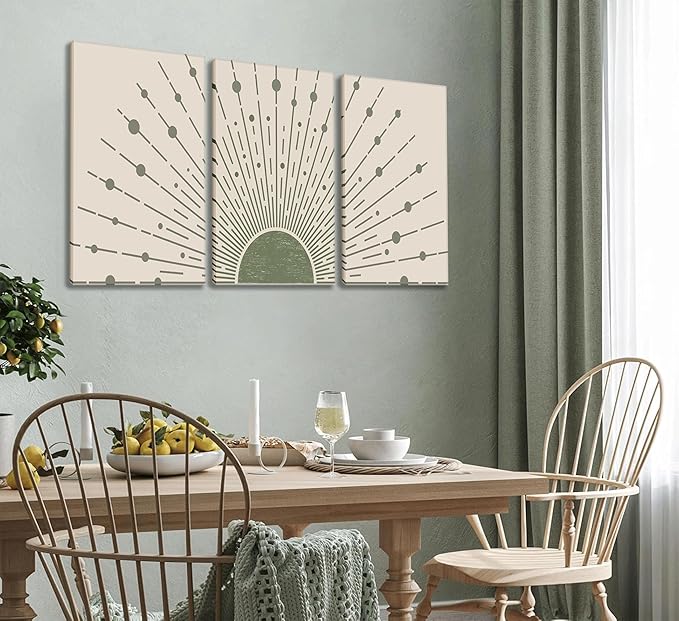 3pcs Sun Boho Canvas Wall Art Sage green Sun Wall Decor Modern Sunrise Posters Modern Abstract Geometric Prints Pictures Mid-Century Painting for Living Room, Bedroom, Bathroom and Office framed
