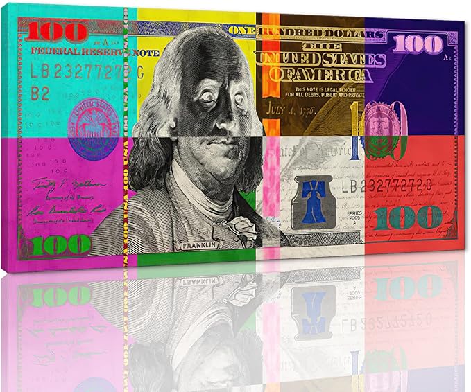 Color Money Canvas Paintings Wall Art Vivid Colorful 100 USD Print Abstract Creative Benjamin Franklin Hundred Dollar Bill Artwork Modern Home Office Decoration, Framed & Easy to Hang-48 Wx24 H