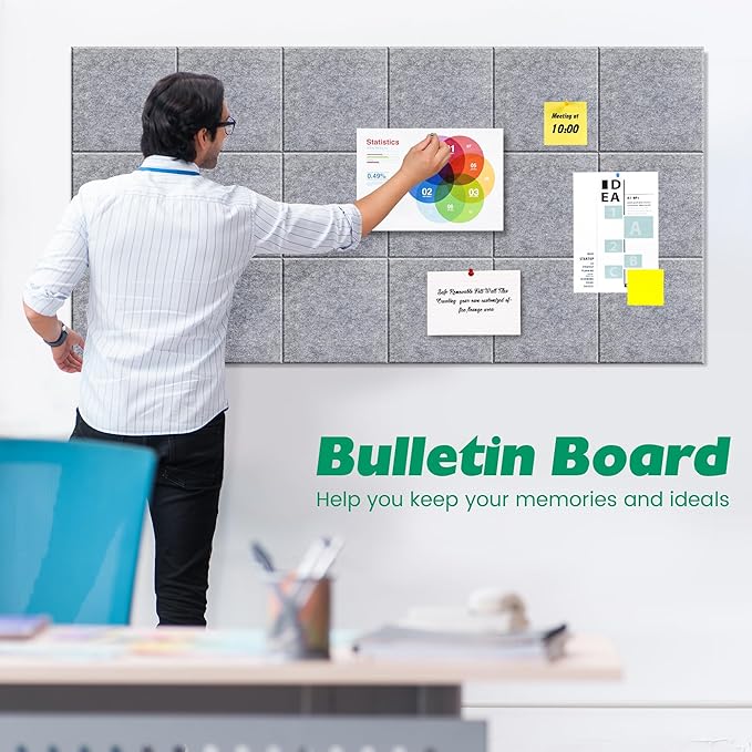 Large Cork Board Alternative - 11.8"x11.8"x0.35" 12 Pack Felt Wall Tiles Self-Adhesive Safe Removable Large Corkboard Bulletin Board Felt Cork Board for Walls or Office 48 x 36-Light Gray