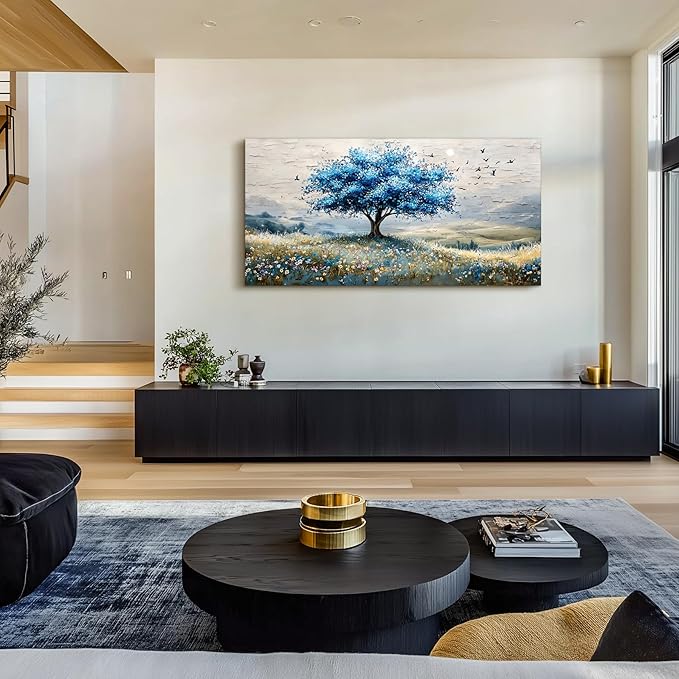 SERIMINO Tree of Life Large Wall Art, Country Landscape Canvas Art Prints, Blue Tree Nature Artwork for Walls, Modern Wall Pictures for Living Room Bedroom Dining Room, Rustic Farmhouse Decor 24"X48"