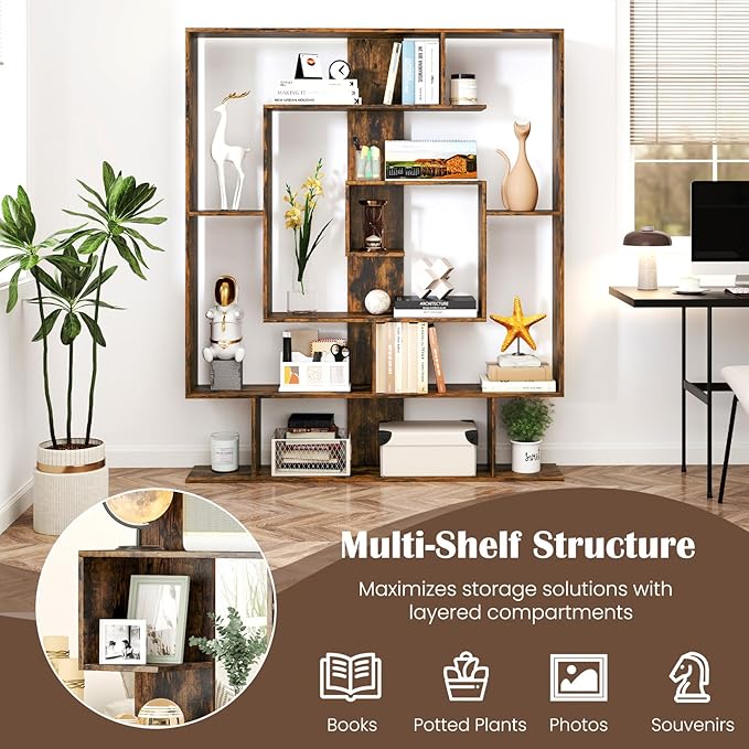 Giantex 7-Tier Geometric Bookshelf, Modern Bookcase with Open Shelves, Freestanding Display Shelf with Anti-Tip Kit, Storage Rack for Living Room Bedroom Study, 49.5''L x 8.5''W x 59''H (Rustic Brown)