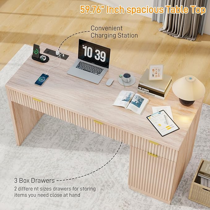 60" Executive Desk with Fluted Drawers, Wood Home Office Desk with Storage Cabinet, Charging Station, Fluted Computer Writing Desk for Study, Living Room, Natural Oak.