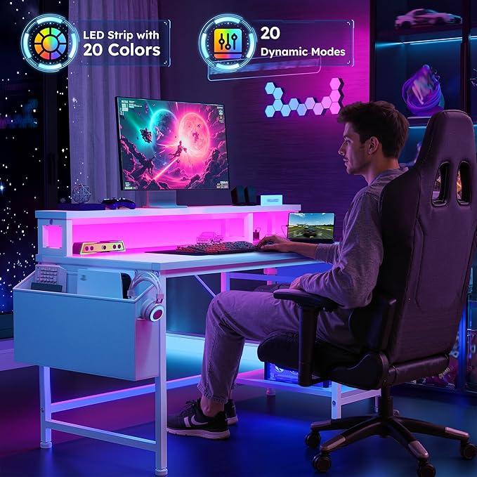 40" Computer Desk with LED Strip, Gaming Desk with Drawers & Storage Bag, Office Desk with Power Outlets & Monitor Stand, Home Office Desks for Bedroom, Gaming Room, White