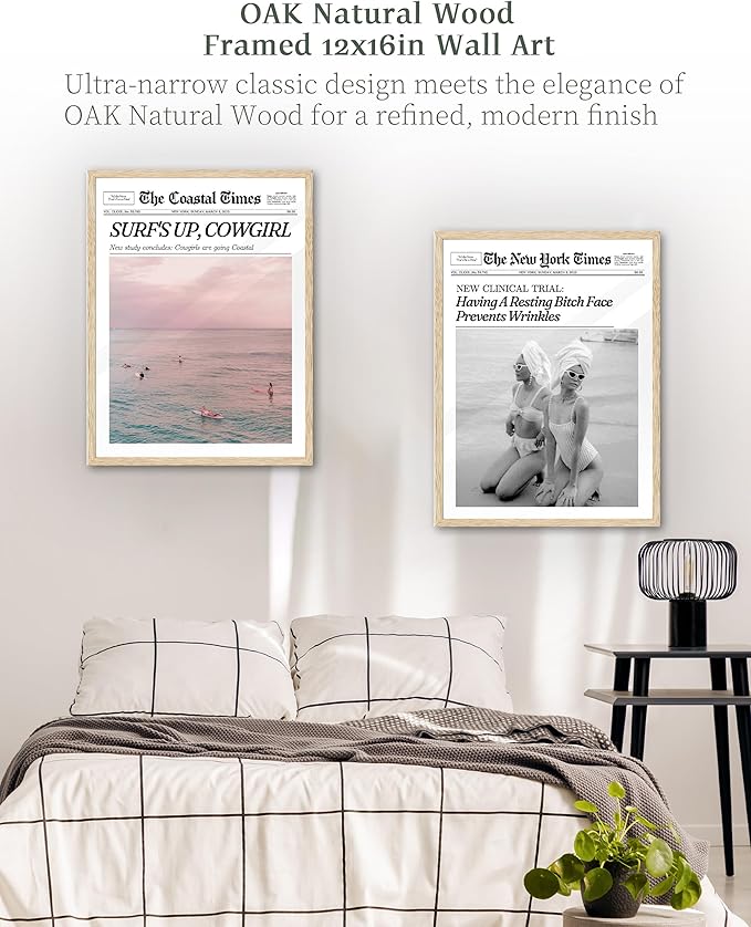 iHery Framed Trendy Coastal Cowgirl NewsPaper Wall Art Prints,Beige OAK Wood 12x16in Canvas Wall Decor For Bedroom,New York News,Western Vintage Bar Cart,Dorm Retro Surfing Up Home Décor 1Pack
