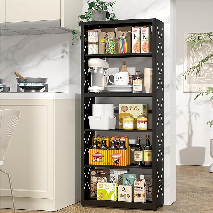 5 Tier Bookshelf, 55"Tall Metal Bookcase with Adjustable Shelves, Modern Display Book Shelf, Black Bookcase Shelf, Utility Shelf, Storage Shelves for Office, Living Room, Kitchen, Study-23"W