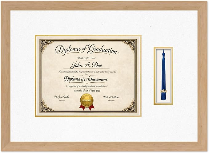 Diploma Frame with Tassel Holder Natural Wood Shadowbox Oyster Shell Over Gold Mat - Fits 11 x 8.5 Degree Made in the USA