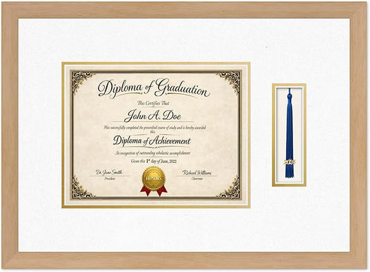 Diploma Frame with Tassel Holder Natural Wood Shadowbox Oyster Shell Over Gold Mat - Fits 11 x 8.5 Degree Made in the USA