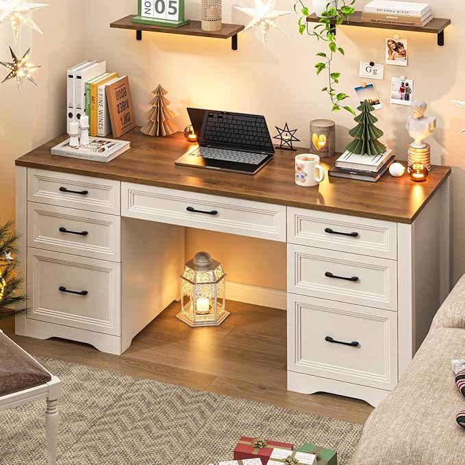 Farmhouse Executive Desk, Wood Home Office Desk with 2 Large File Drawers and 5 Storage Cabinets, Rustic Writing Desk for Work and Study, Brown