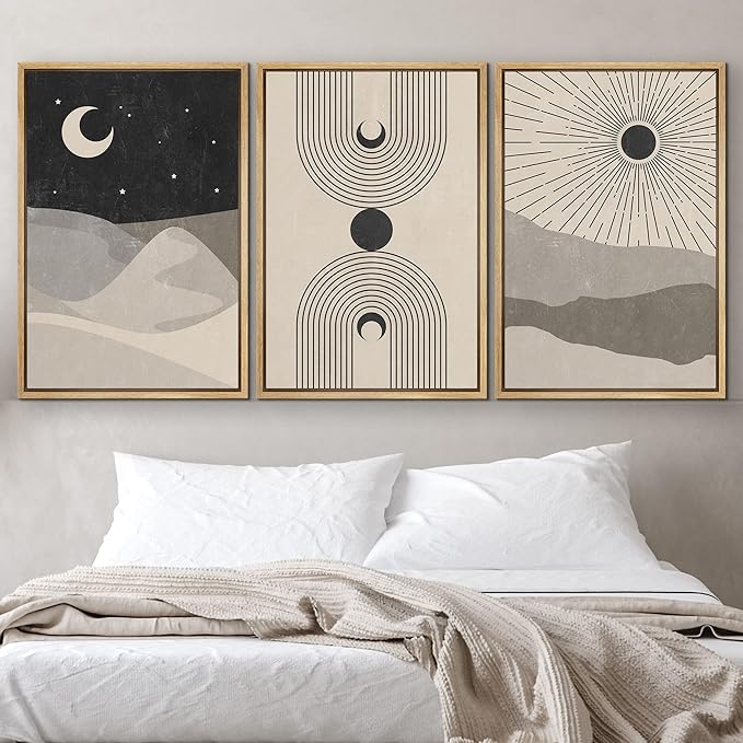 IDEA4WALL Framed Canvas Print Wall Art Set Crescent Moon Shining Sun Tropical Desert Astronomy & Space Nature Illustrations Modern Art Rustic for Living Room, Bedroom, Office - 16"x24"x3 Natural