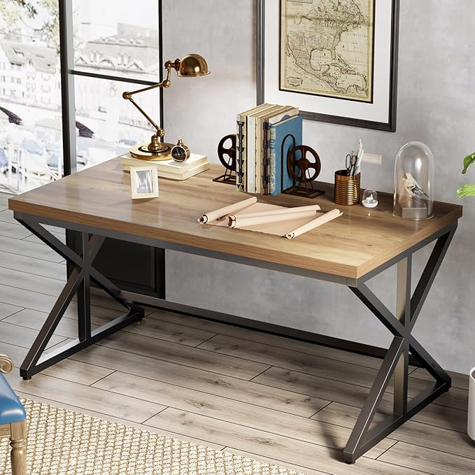 IBF Rustic Office Desk Table, Industrial Long Wood Computer Desk for Home Office, Modern Large Wide Simple Pc Gaming Workstation Executive Writing Desks Big Table for Work Study, Rustic Oak, 60 Inch
