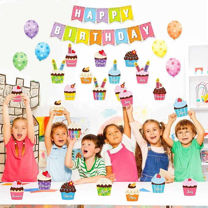 Leinuosen 45 Pieces Happy Birthday Bulletin Board Set Birthday Bulletin Board Decorations Classroom Chart Calendar Balloon Candle Cupcake Cutouts for Calendar Classrooms(Colorful)