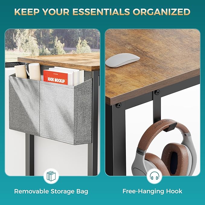 Sweetcrispy Small Computer Office Desk,47 Inch Student Study Writing Desk with Headphone Hooks & Storage Bag, Modern Simple PC Home Bedroom Table, Brown