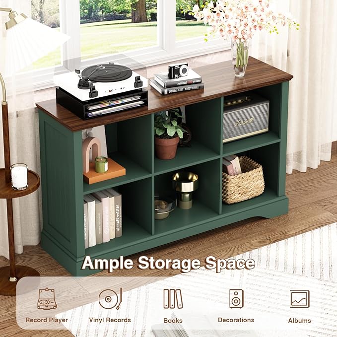 6 Cube Storage Organizer - 47.4" Farmhouse Wood Low Bookshelf, 3 Tier Horizontal Open Shelf Bookcase Cubby Storage Console Cabinet for Living Room, Entryway, Office, Green