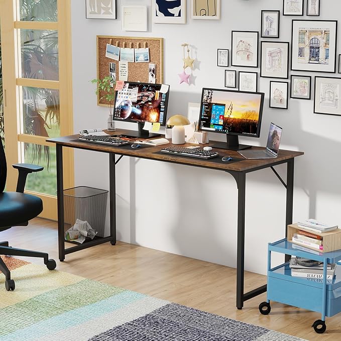 PayLessHere | 55 Inch Computer Desk | Vintage | Office Desk with Metal Frame, Adjustable Feet | Water-Resistant, Scratchproof Surface | Sturdy Writing Table for Home Office or Study | Pack of 1