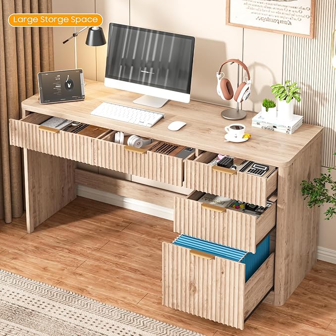 59" Fluted Executive Desk with Adjustable File Drawer, Workstation Computer Desk with 4 Storage Drawers, for Home Office