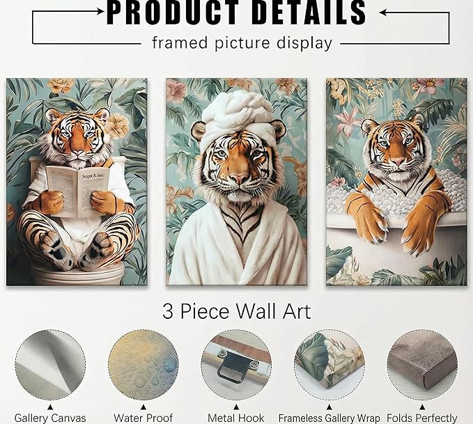 3pcs Funny Bathroom Tiger Canvas Wall Art Boho Tropical Botanical Tiger Reading Newspaper On Toilet Wall Decor Pictures Animal Humor In Bathtub Posters Prints for Bathroom Decoration Ready To Hang