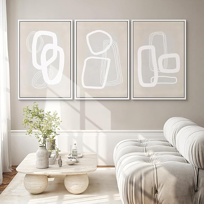 SIGNWIN Framed Canvas Print Wall Art Set Mid-Century Geometric Polygon Variety Abstract Shapes Cozy Neutral Decorative Contemporary Minimal for Living Room, Bedroom, Office - 24"x36"x3 White