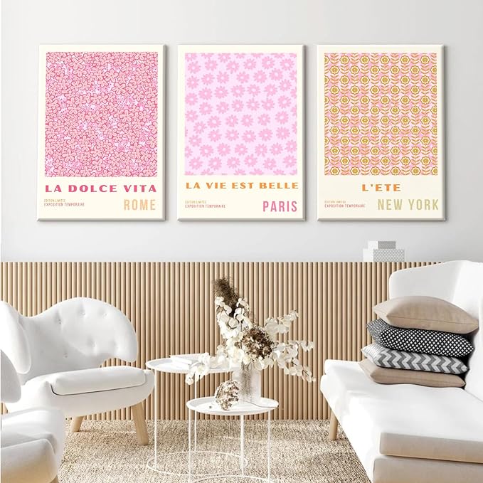 Pink Flower Market Wall Art Decor Aesthetic Abstract Canvas Floral Minimalist Wall Art Pictures Orange Floral Prints Artwork Botanical Flower Poster Colorful Painting 16x24 Inch Framed Set of 3
