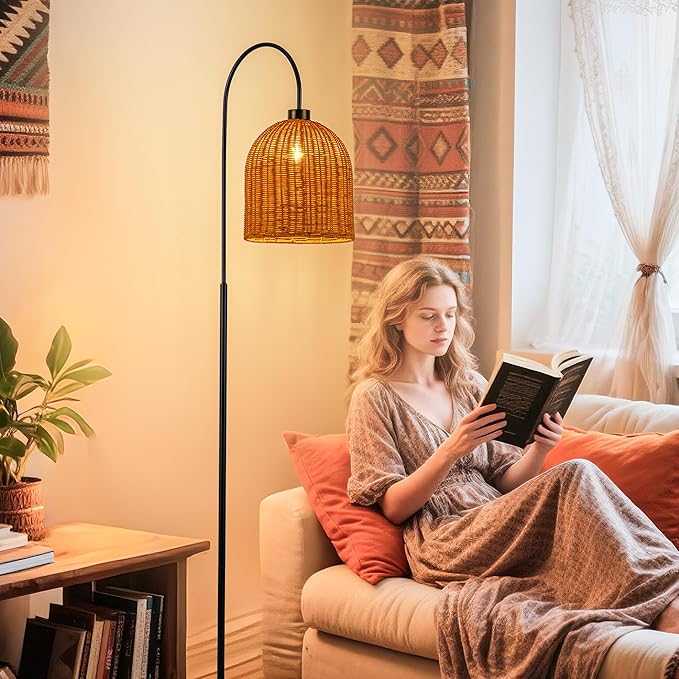 MAYNA Rattan Floor Lamp, 66 in. Bohemian Style Floor lamp with Natural Brown Rattan Shade, Rustic Curved Standing lamp for Coastal, Beach or Bohemian Decor (Coastal Black)