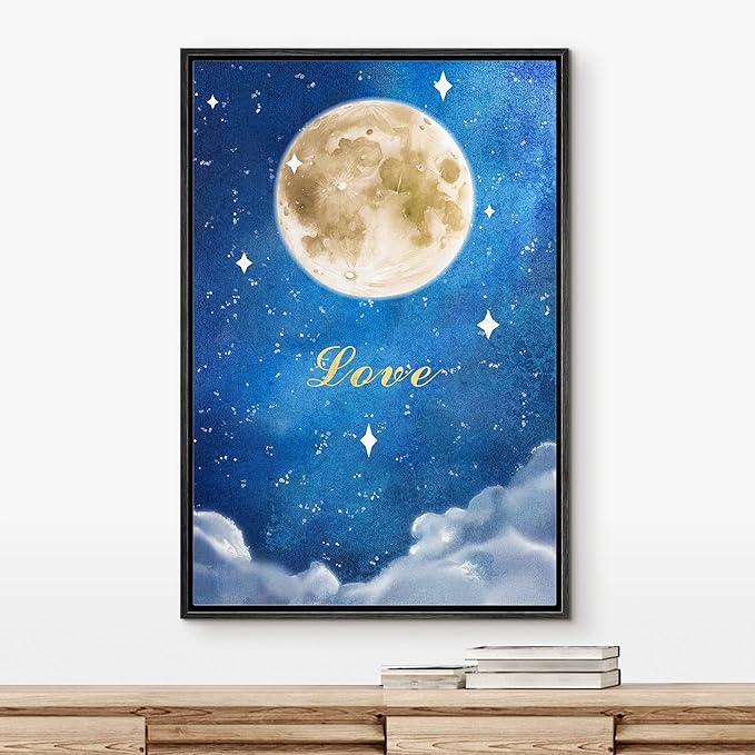 IDEA4WALL Framed Canvas Print Wall Art Love Watercolor Galaxy with Yellow Moon Astronomy & Space Sky Illustrations Modern Art Glam Colorful Ultra for Living Room, Bedroom, Office - 16"x24" BLACK