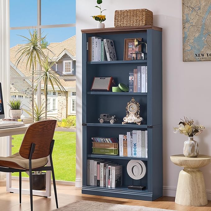70" Blue Tall Bookshelf Set of 2,5-Tier Thick Wooden Book Shelf with Adjustable Shelves,Free Standing Farmhouse Bookcase with Open Display Storage,Floor Vintage Bookshelves for Living Room
