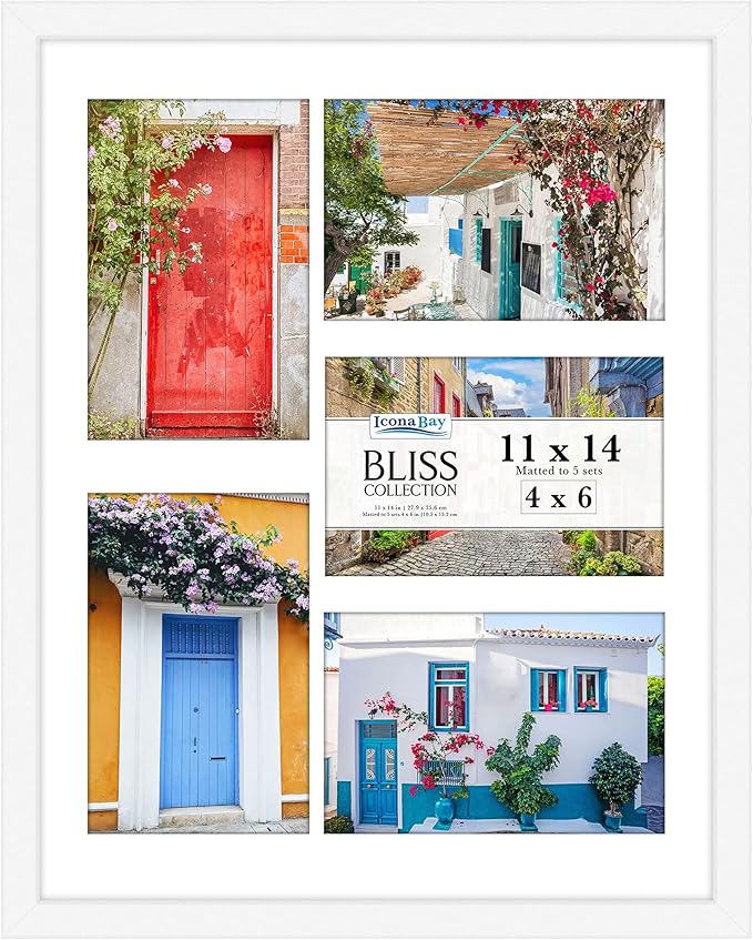 Icona Bay - 11x14 White Collage Picture Frame with Removable Mat for 5-4x6 Photos - Modern Style Engineered Wood Frame - Wall Mount Only - Bliss Collection