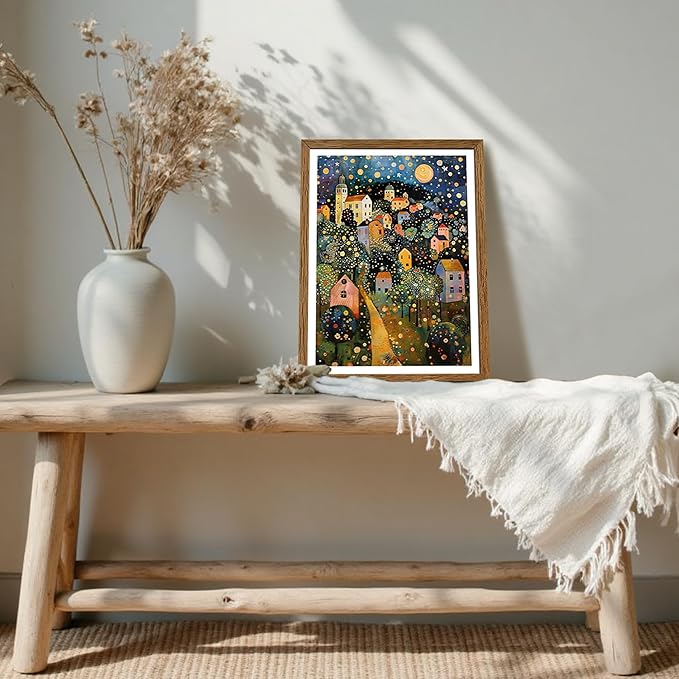 AVECCO Framed Colorful House Village Night Canvas Wall Art, Gustav Klimt Style Moon Stars Tree Wall Decor, Vibrant Starry Landscape Prints for Bathroom Living Room Bedroom Dining Room Office 12x16 in