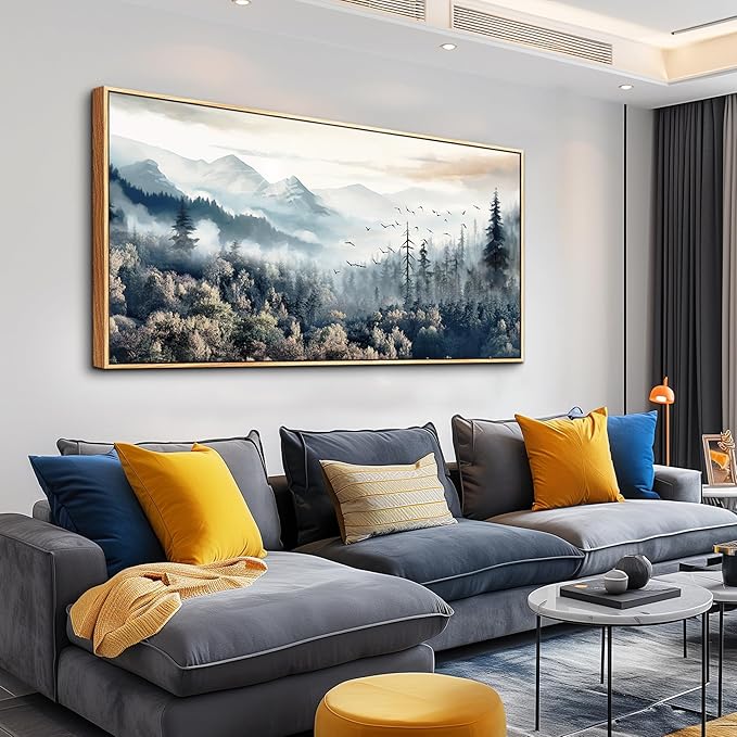 hyidecorart Large Canvas Wall Decor For Office Wood Framed Wall Art For Living Room Modern Bedroom Home Decoration Fog Forest Landscape Abstract Wall Paintings Stretched and Framed Pictures Artwork