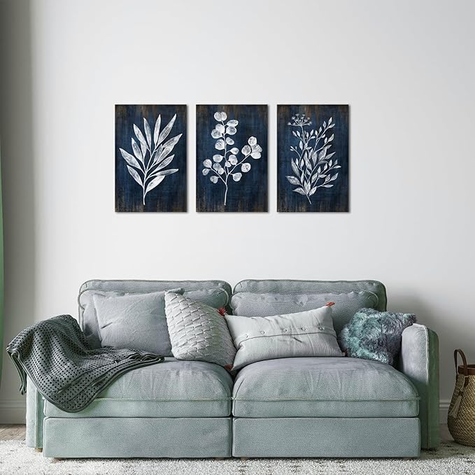 Conipit Navy Blue Botanical Painting Rustic Botanical Wall Art Canvas Abstract Blue White Leaf Plant Artwork Prints Framed For Living Room Bedroom Wall Decor 16''X24''X3pcs
