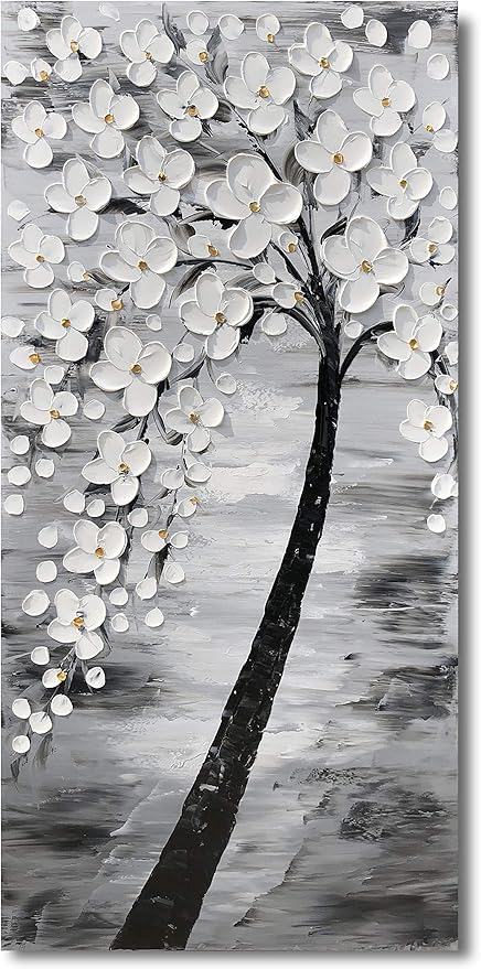 Yihui Arts Hand-Painted Textured White Blossom Tree Art on Canvas, Grey & Black Toned Floral Painting for Modern Home Decor, Unique Thick Textured Petals Wall Art