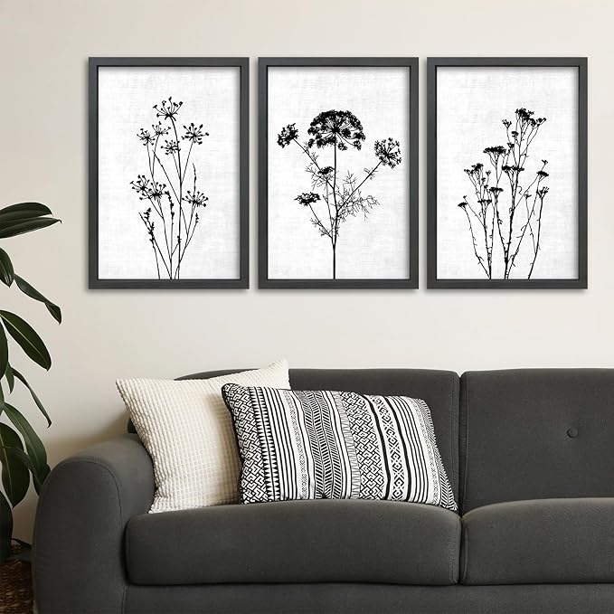 TQianJiang Flower Plant Wall Decor 24"x16" Black And White Botanical Painting Wood Framed Set of 3 Bedroom Office Abstract Wildflower Sign Hanging Art (Black)