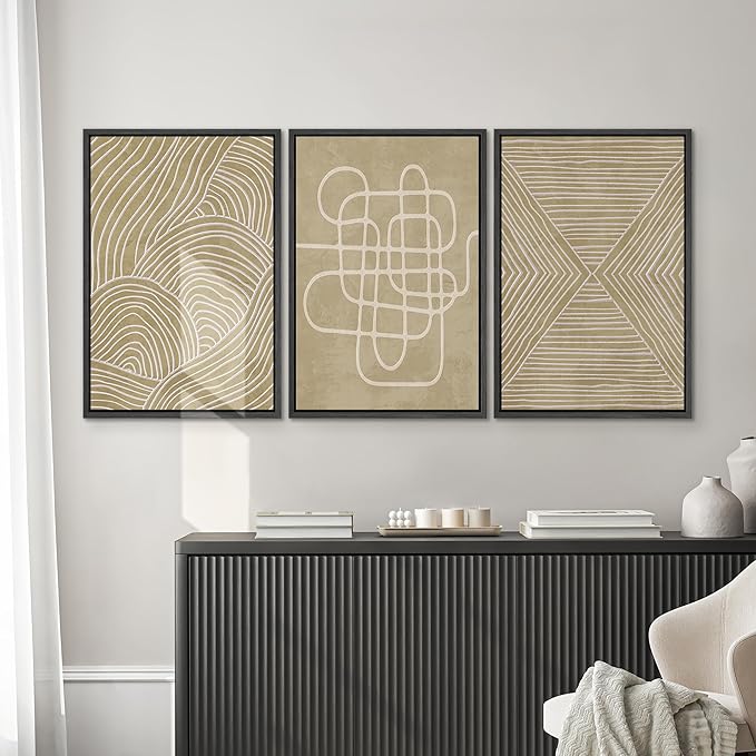 SIGNWIN Framed Canvas Print Wall Art Set Geometric Tan Line Art Collage Graffiti & Street Abstract Illustrations Modern Art Decorative Nordic for Living Room, Bedroom, Office - 24"x36"x3 Black