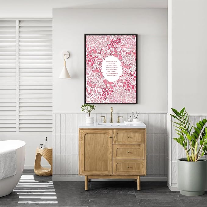 Slow Down You're Doing Fine Music Posters Motivational Quote Pink Wall Art Vintage Floral Positive Daily Reminder Song Lyrics Canvas Print Aesthetic Office Home Decor 24x36inch Aluminum Framed