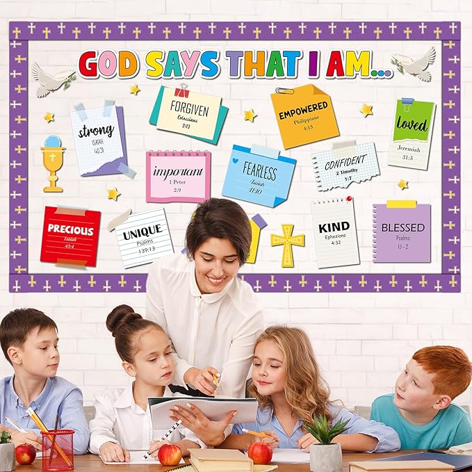 gisgfim Christian Bulletin Board Decorations God Says That I Am Religious Paper Cutouts Inspirational Quotes Classroom Wall Decor Bulletin Board Set for VBS Sunday School Church Bible Door Supplies