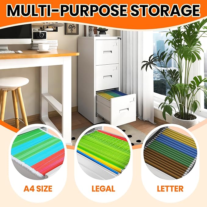 3 Drawer File Cabinet with Lock, Metal Filing Cabinet for Home Office, Vertical File Cabinet for Letter/Legal/A4/F4 Documents, Easy to Assemble Steel Storage Cabinet