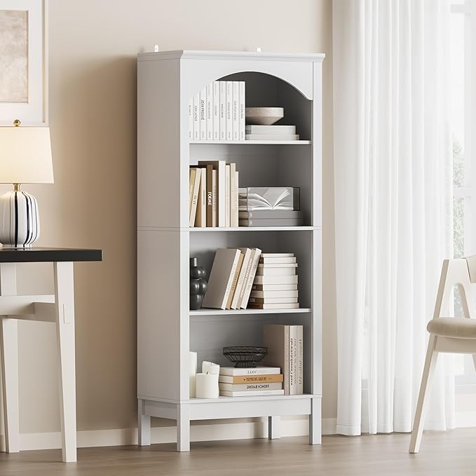 Arched Bookshelf with 4 Tier Open Shelves, 56" Tall Wood Bookcase with Adjustable Shelves, 24" Wide Floor Standing Display Storage Shelf for Home Office, Kitchen, Study and Living Room, Modern White