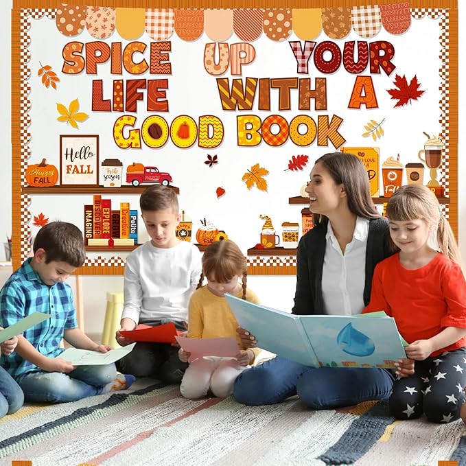 Pasimy Fall Thanksgiving Bulletin Board Decorations Bookshelf Reading Library Spice up Your Life with a Good Book Classroom Decorations Autumn Inspirational Fall in Love with a Good Book Cutouts